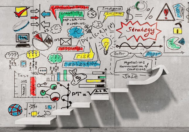 Business strategy plan over ladder leading to success.